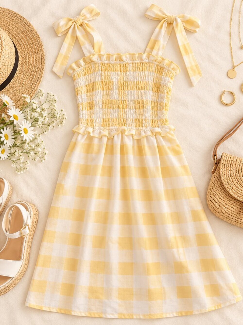 As U Wish Yellow White Gingham Smocked Tie Shoulder Sundress Size M